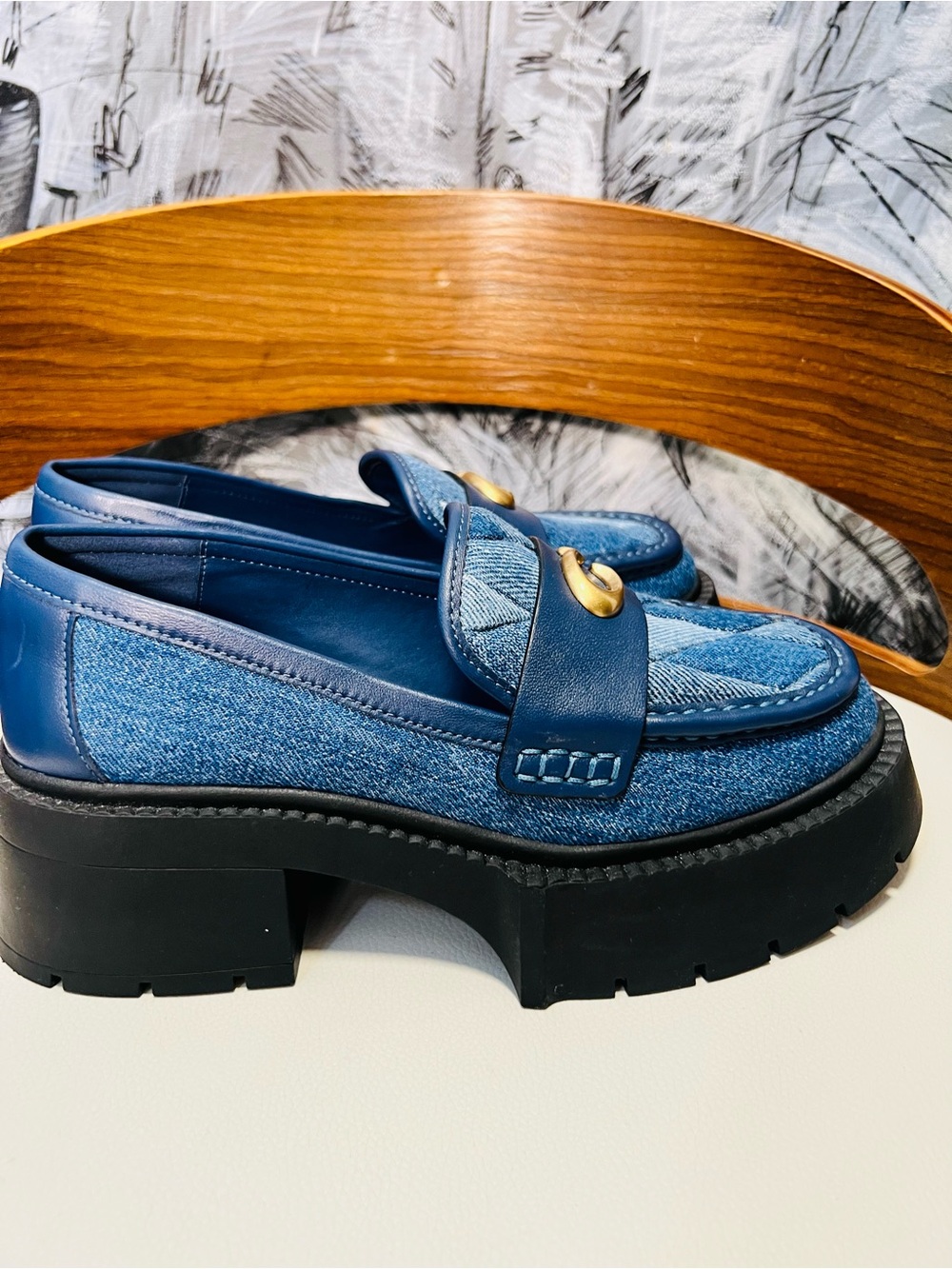 Coach Denim and Leather Platform Loafers in Blue with Gold Accent